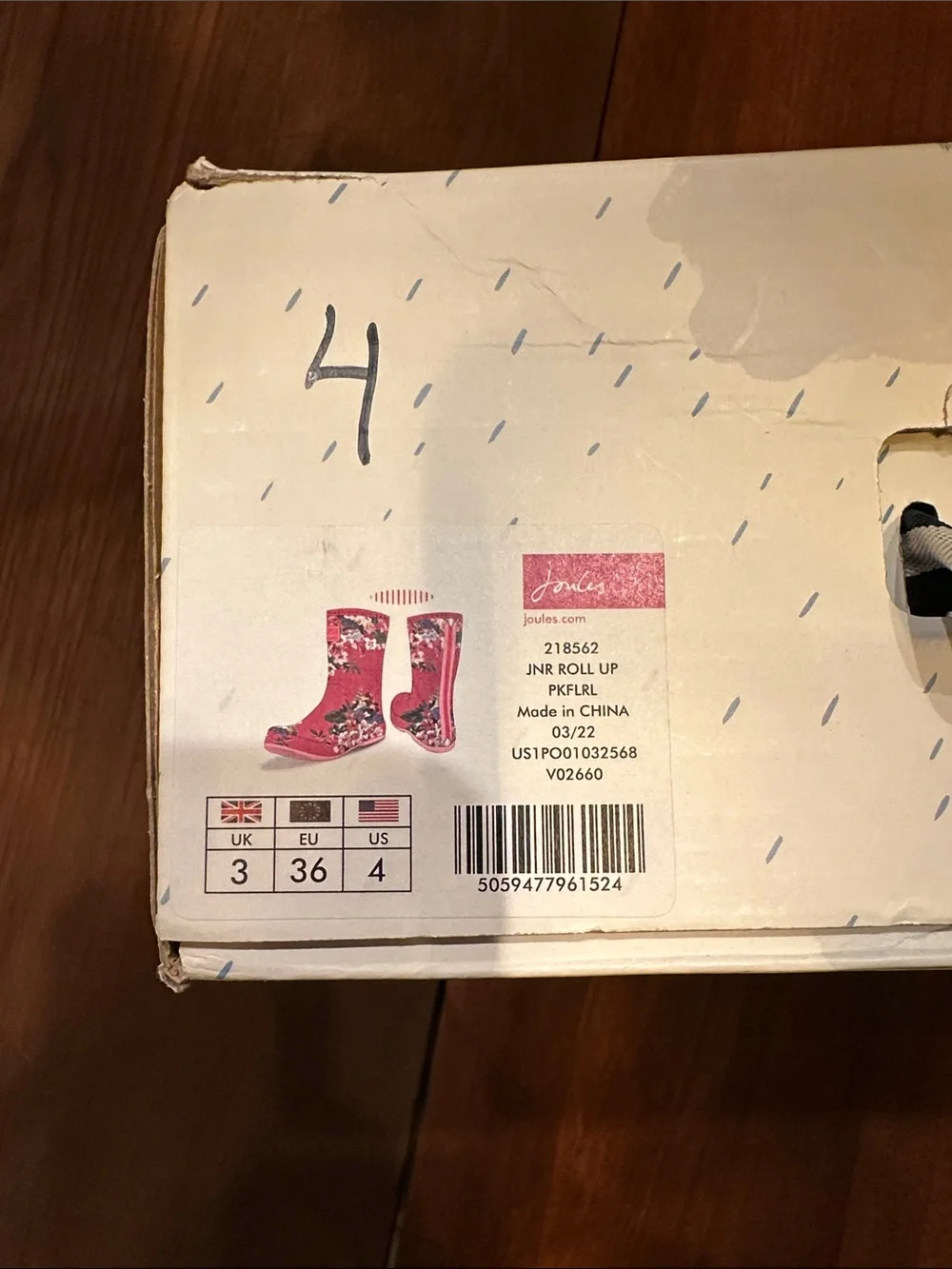 Joules Pink Floral Waterproof Rain Boots NWT  size 4